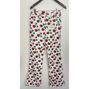 VTG 90s MOSCHINO White Flare Jeans Raspberry Leaf Print Red Green Y2K Cottage 26